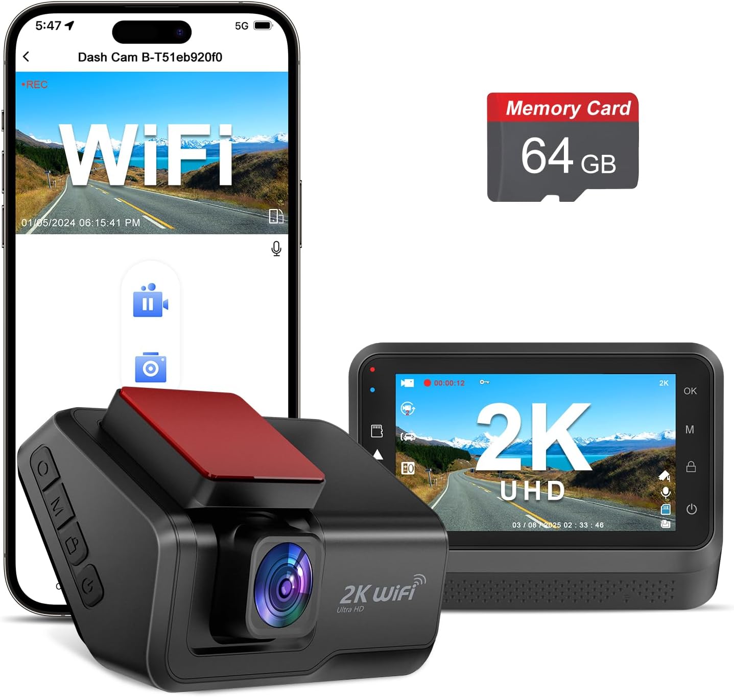 New 2K Dash Cam, WiFi, Night Vision, 24H Parking, 64GB Card, Otovoda Mini