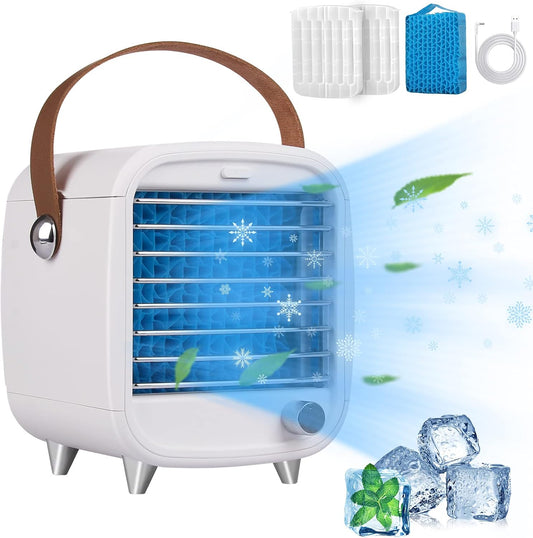 New Portable Air Conditioner Fan with Handle, Mini Evaporative Cooler, LED, Includes Ice Tray
