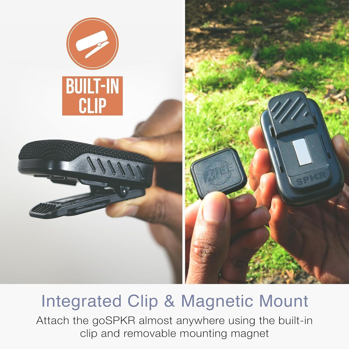 goSPKR Wearable Bluetooth Speaker w/ Mic & Magnet Clip, IPX5, Stereo Pairing, Black, MEE audio