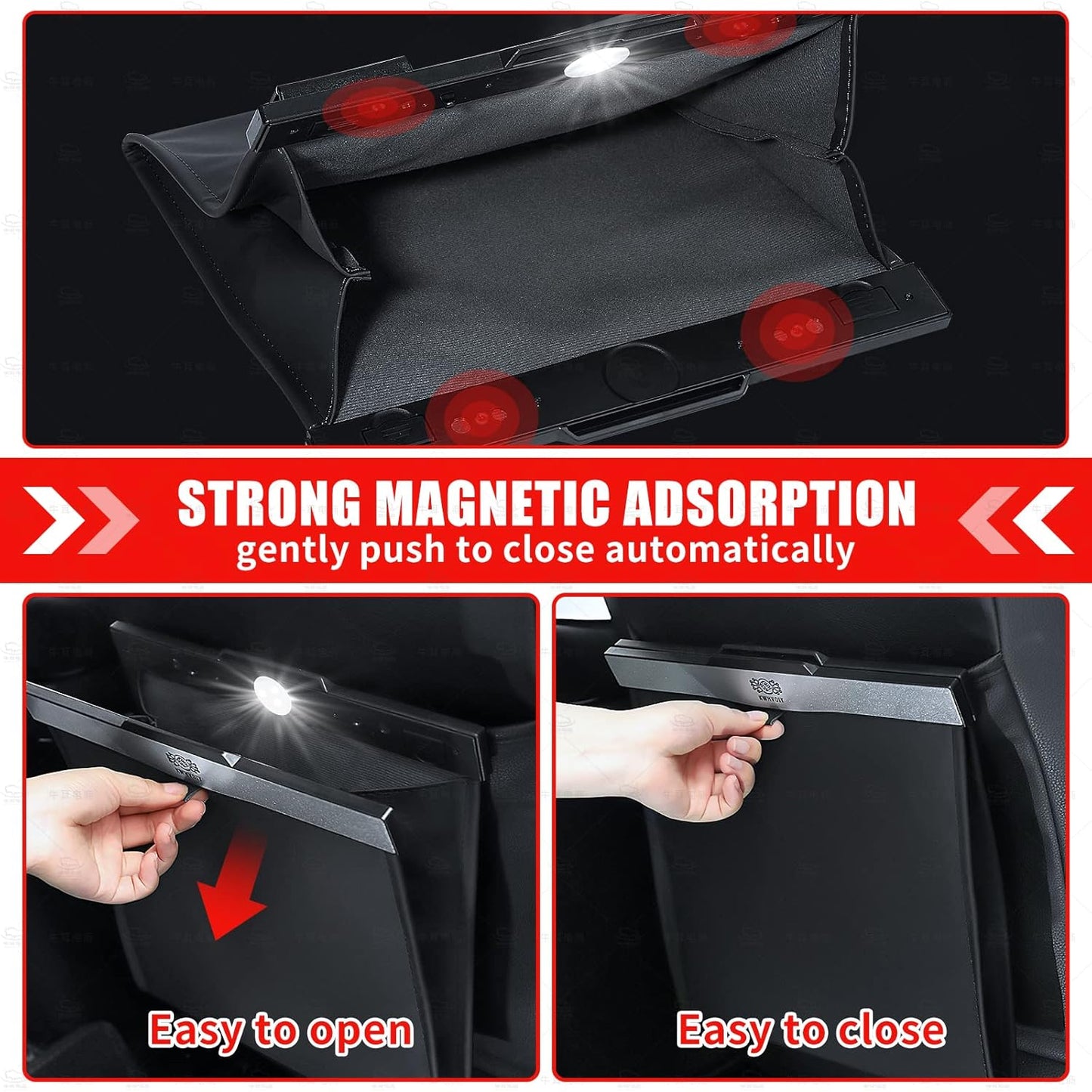 New Car Trash Can (11.6" x 11.6"), with LED, Magnetic Foldable, PU Leather, 30 Bags