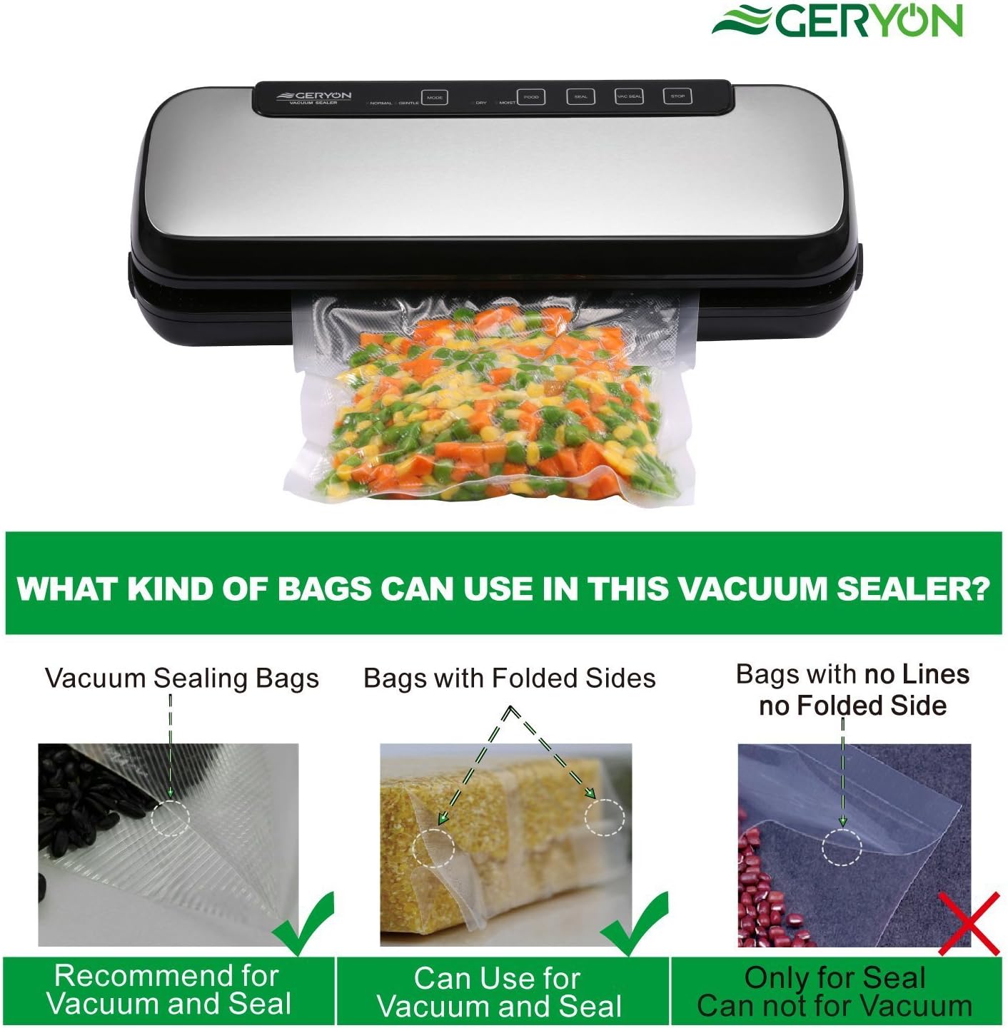 Automatic Vacuum Sealer Machine, Built-in Cutter, For Dry & Moist Food, Starter Kit, Black, GERYON