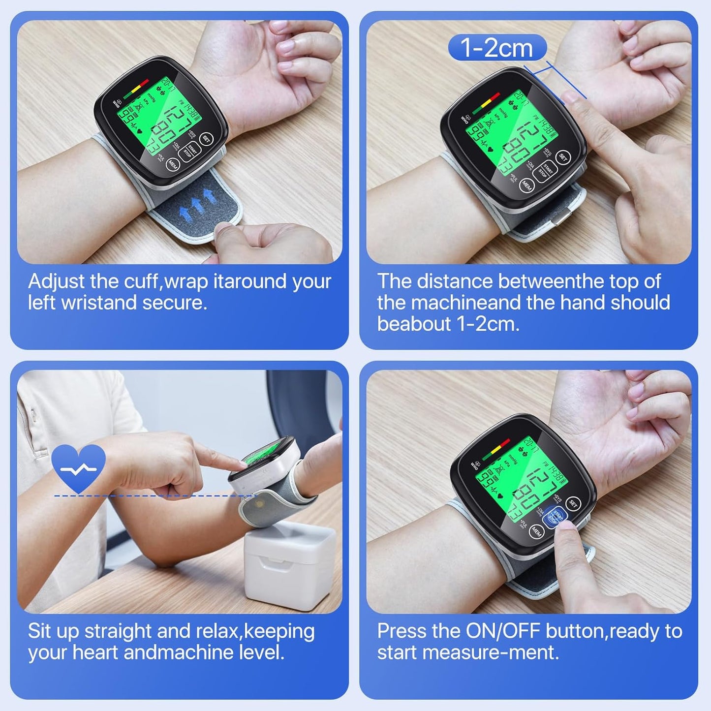 Blood Pressure Monitor, Wrist, Automatic, Digital LCD Display, 5.3-7.67" Cuff, 99x2 Sets Memory