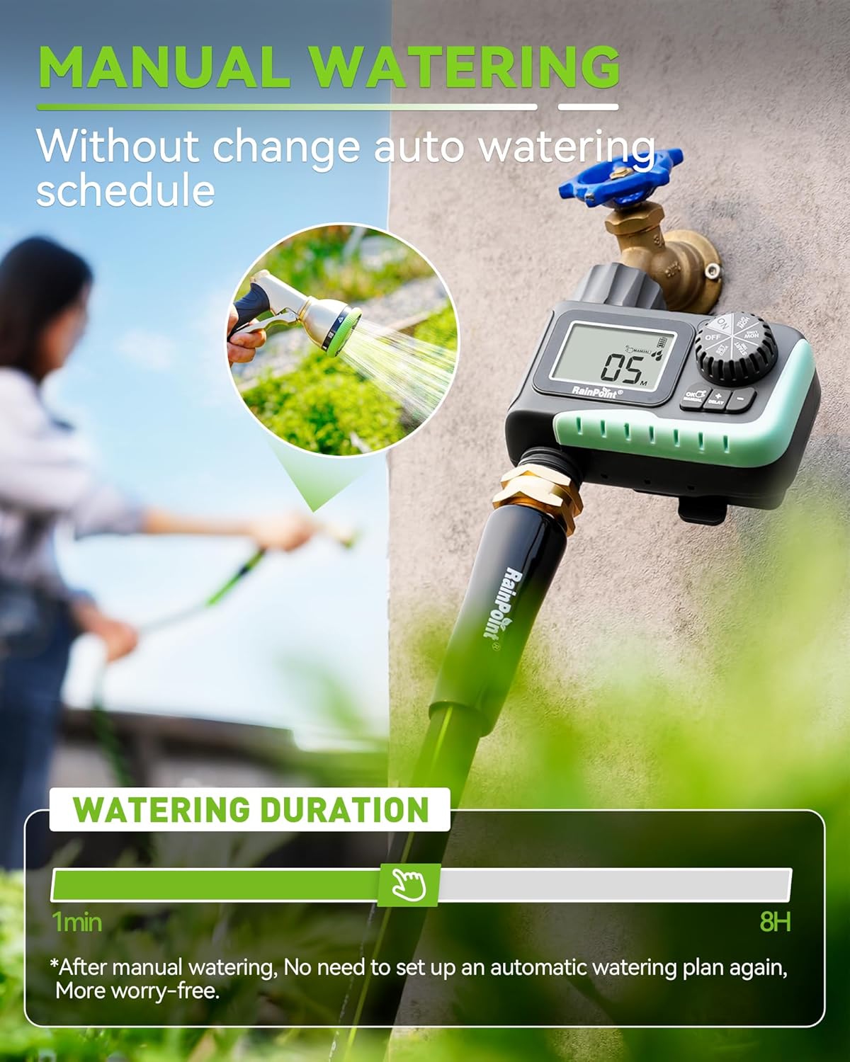 Digital Programmable Water Timer with Rain Delay, Auto/Manual Modes, 1-Outlet, RAINPOINT