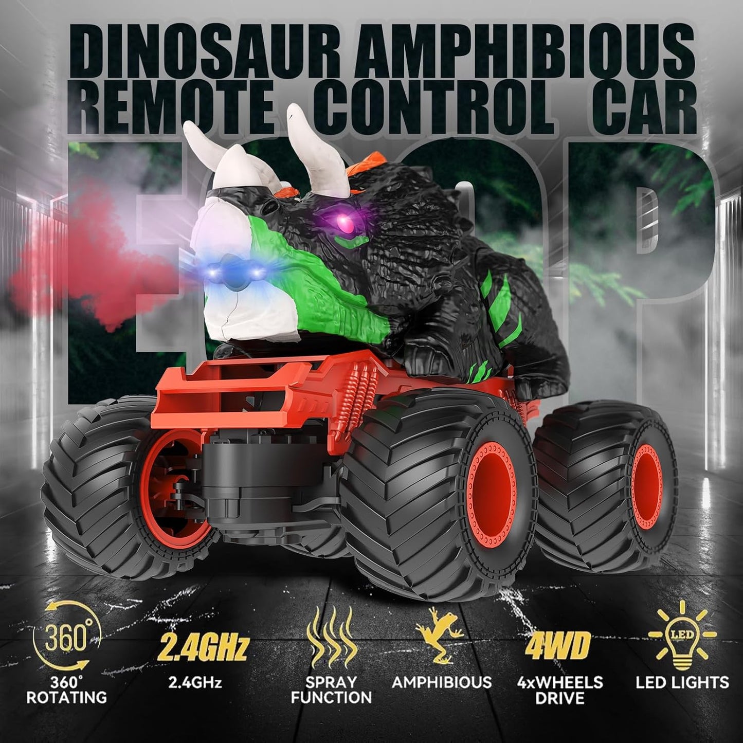 EPPO Remote Control Dinosaur Car, 2.4Ghz RC Truck, for 3-7 Year Olds, with Light & Sound Spray