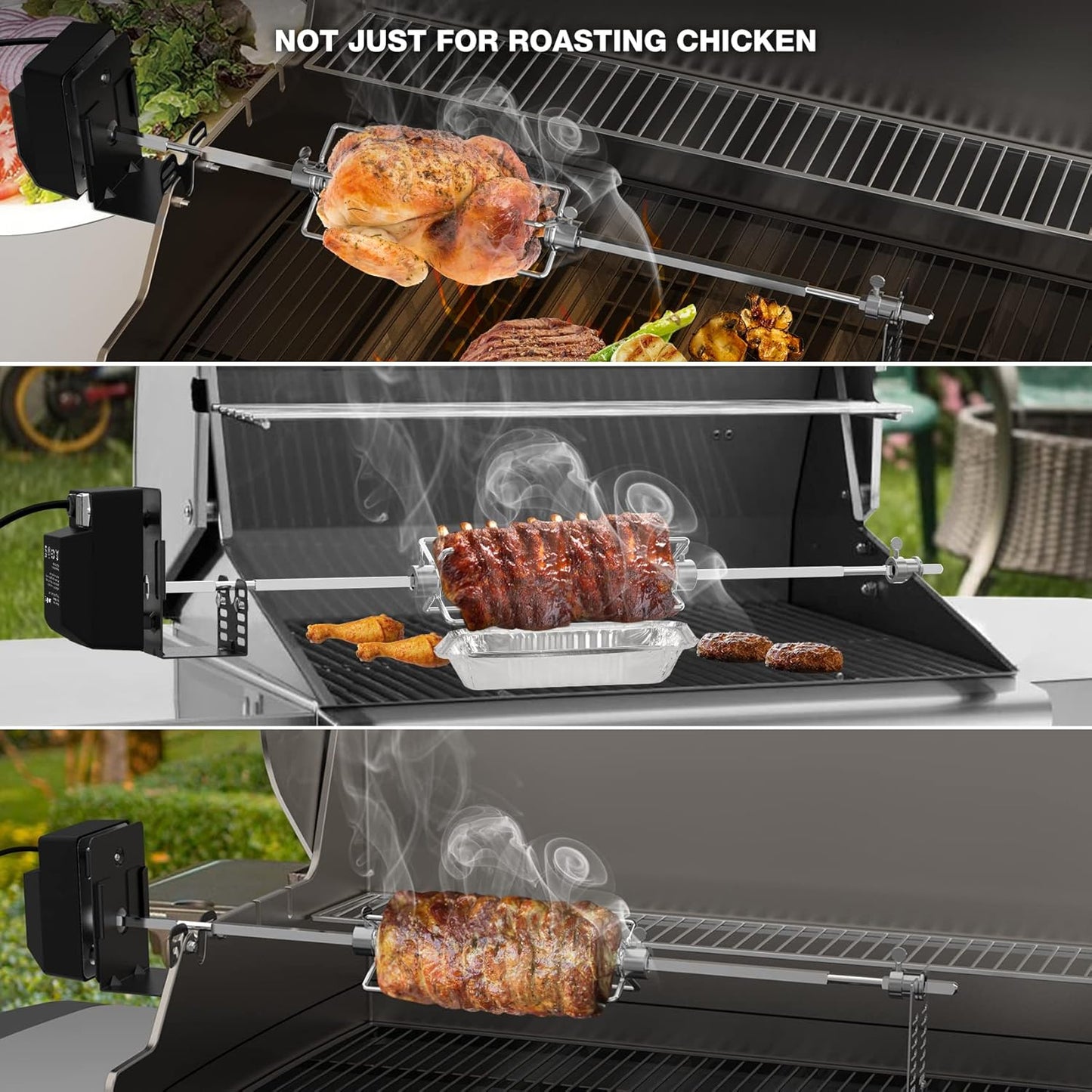 New Universal BBQ Grill Rotisserie Kit, Gas Grills, 110V 4W Motor, 4-Prong Forks, 28" Rod, onlyfire