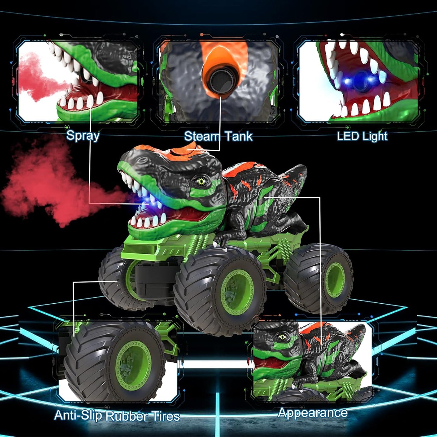 EPPO Dinosaur Car, Remote Control, 2.4Ghz, Light & Sound, Spray, Boys, Kids