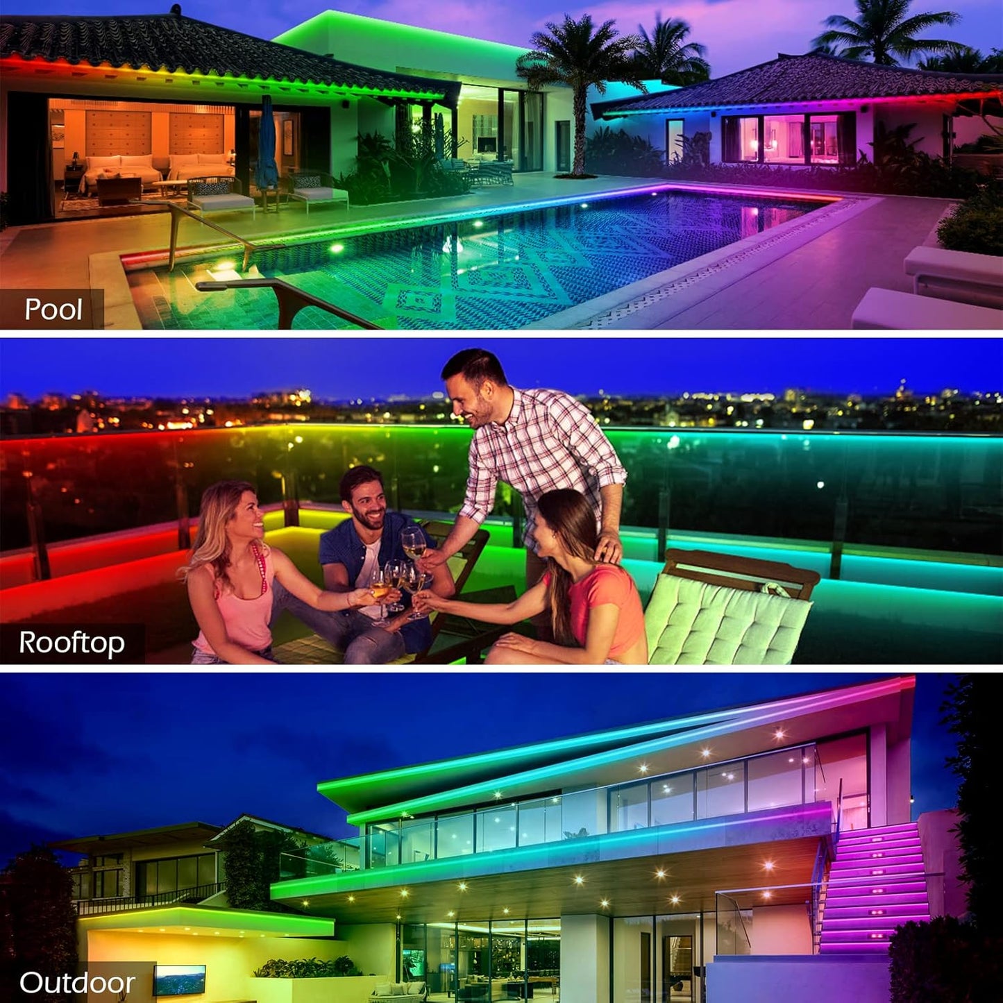 100ft Outdoor LED Strip Lights, Waterproof, Bluetooth App, Music Sync, AILBTON