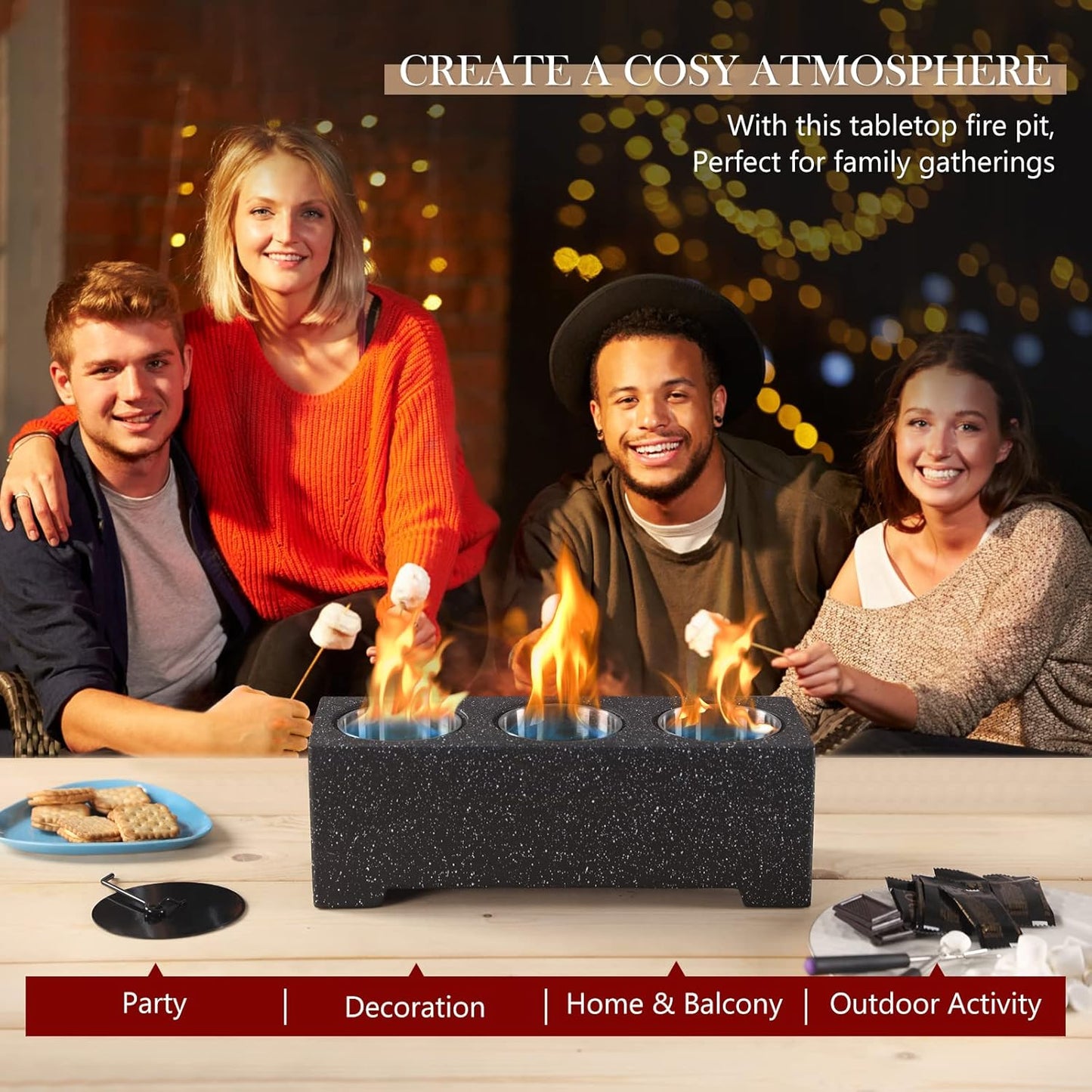 New TAUSOM Concrete Tabletop Fire Pit, 3 Alcohol Burners, Indoor/Outdoor, Portable, 14.7x4.9x4.3