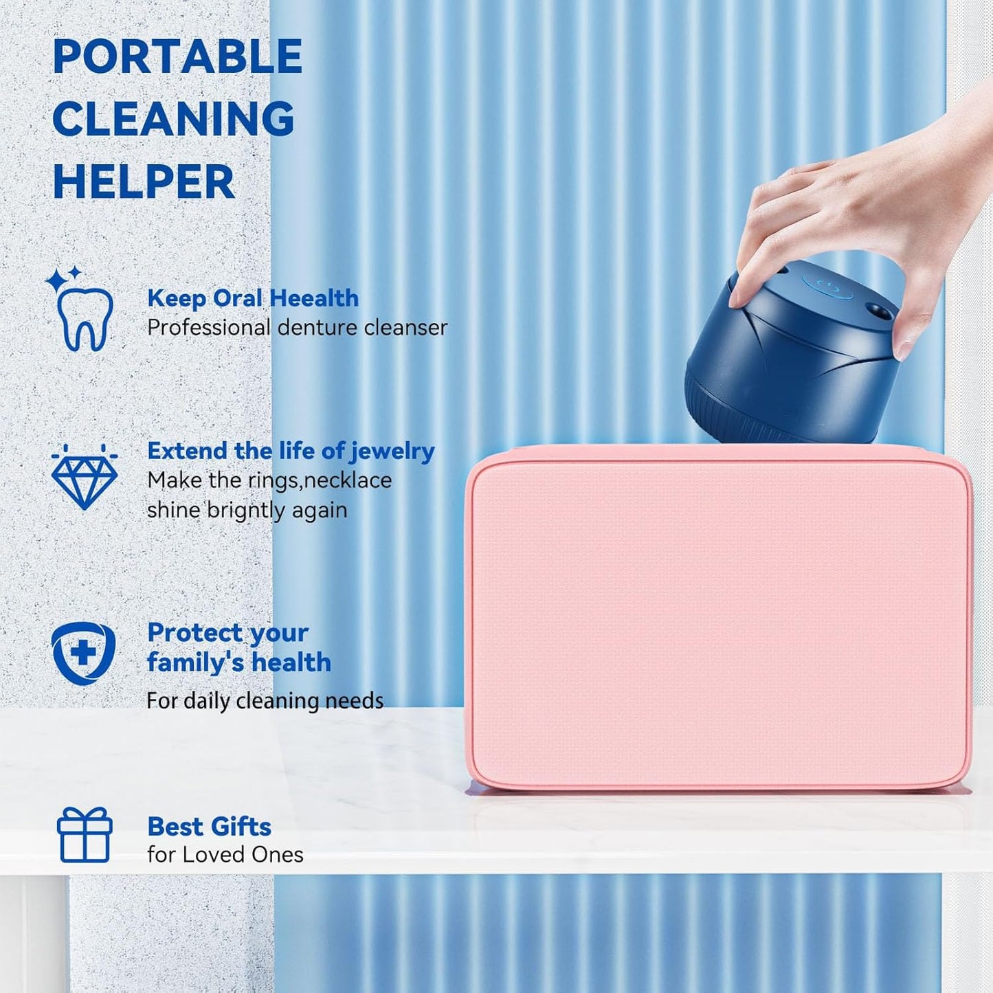 Ultrasonic Retainer Cleaner, 200ML, 45kHz, Portable, Dentures, Aligner, Blue