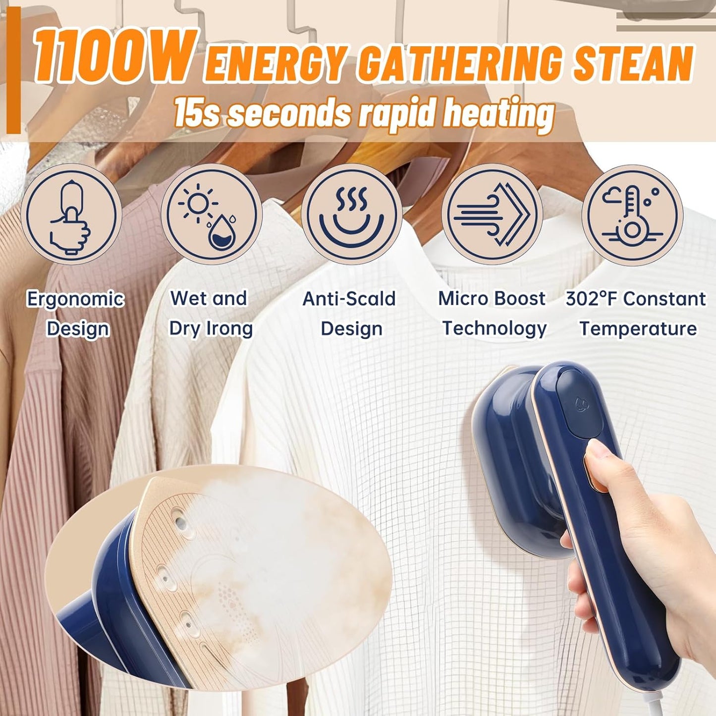 New Mini Steam Iron for Clothes, 1100W Travel Steamer Iron 15s Fast Heat Heating (oluopa)
