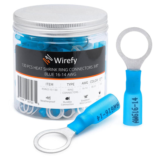 130 PCS Heat Shrink Ring Terminals, Marine Grade, #10 Spade Terminals, Blue 16-14 Gauge, Wirefy