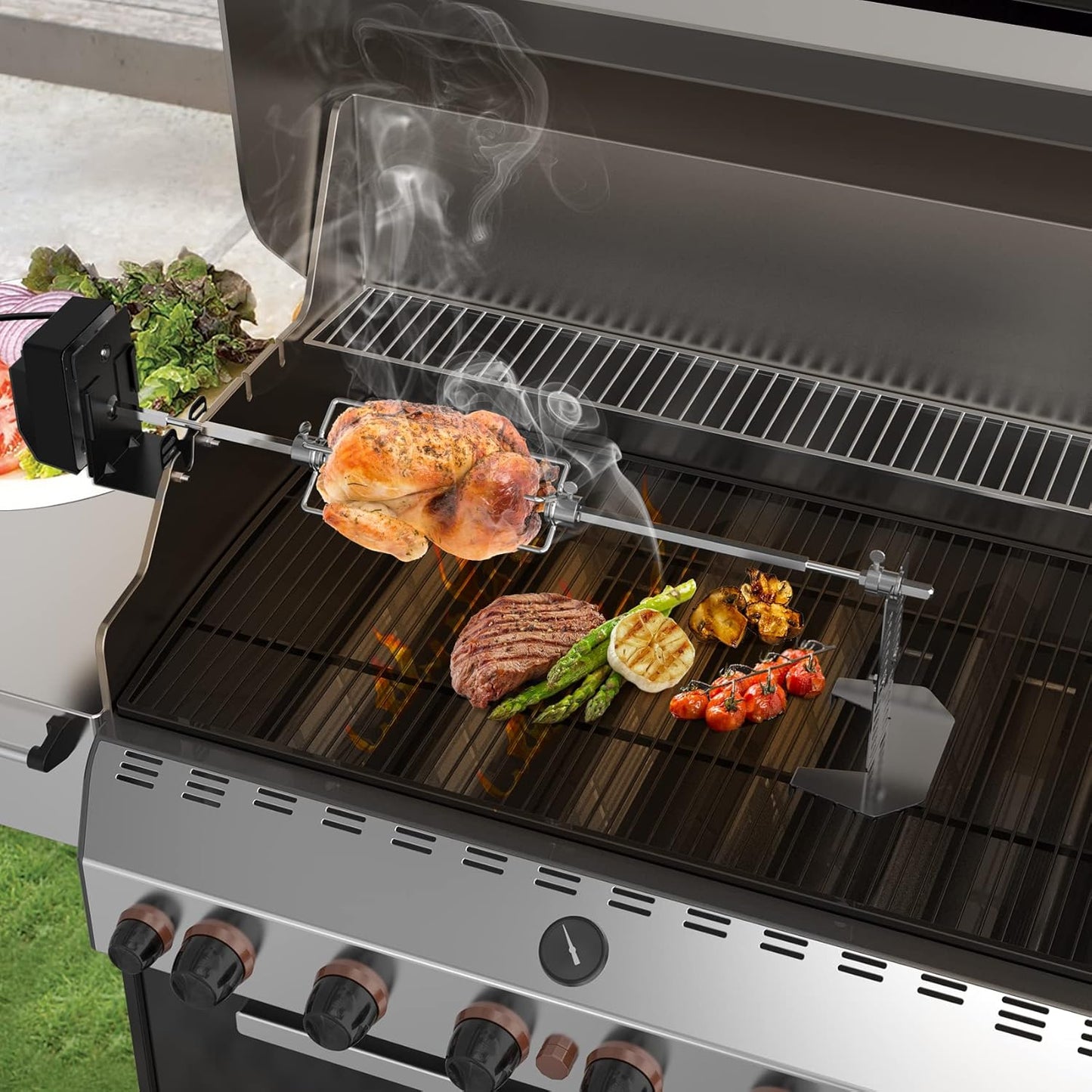 New Universal BBQ Grill Rotisserie Kit, Gas Grills, 110V 4W Motor, 4-Prong Forks, 28" Rod, onlyfire