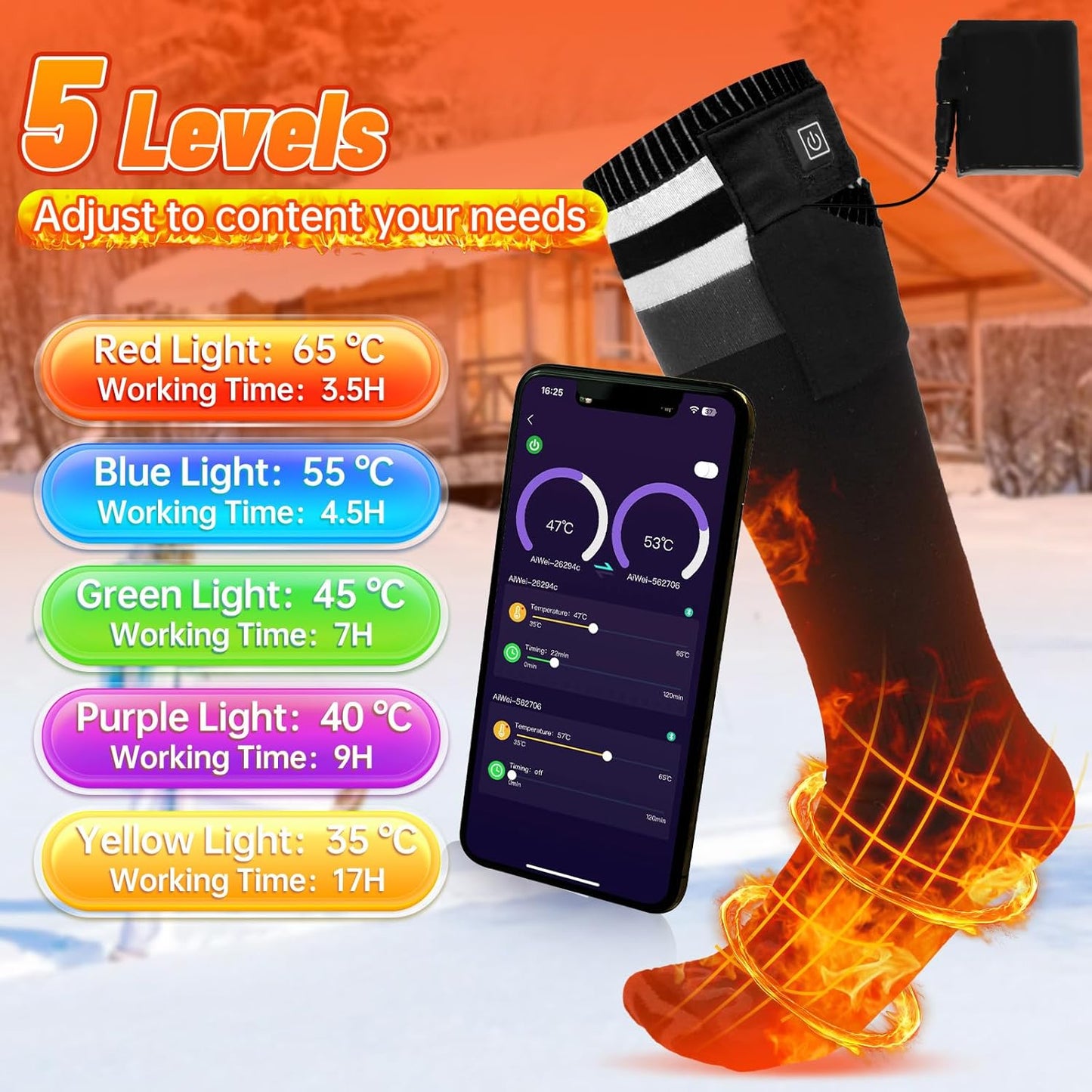 New Heated Socks, APP Control, 3000mAh, 17H Heating, 5-Level Temp, Black M, Aotomee