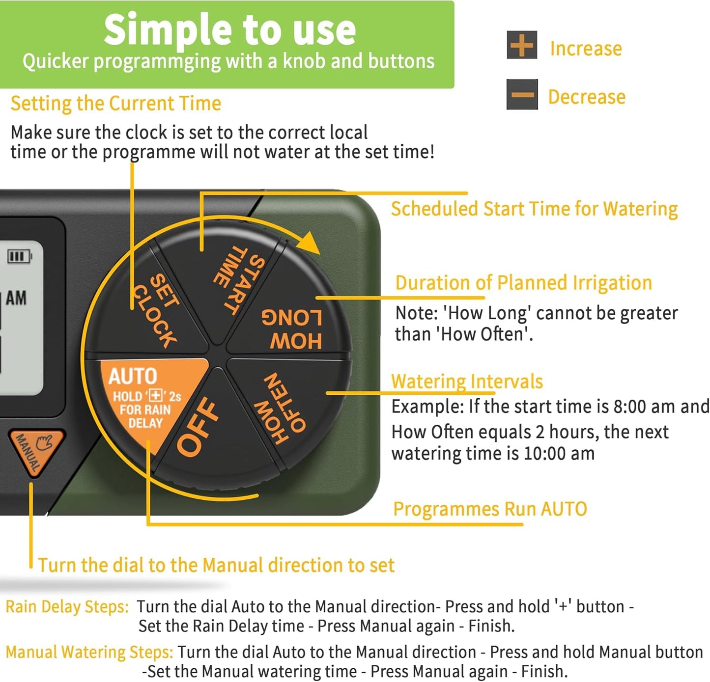 Digital Water Sprinkler Timer with Rain Delay, Manual Mode & Programmable Scheduling, Diivoo