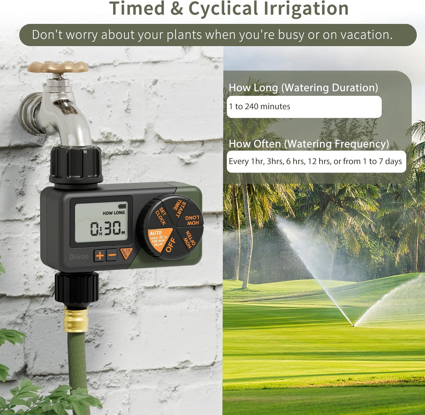 Digital Water Sprinkler Timer with Rain Delay, Manual Mode & Programmable Scheduling, Diivoo
