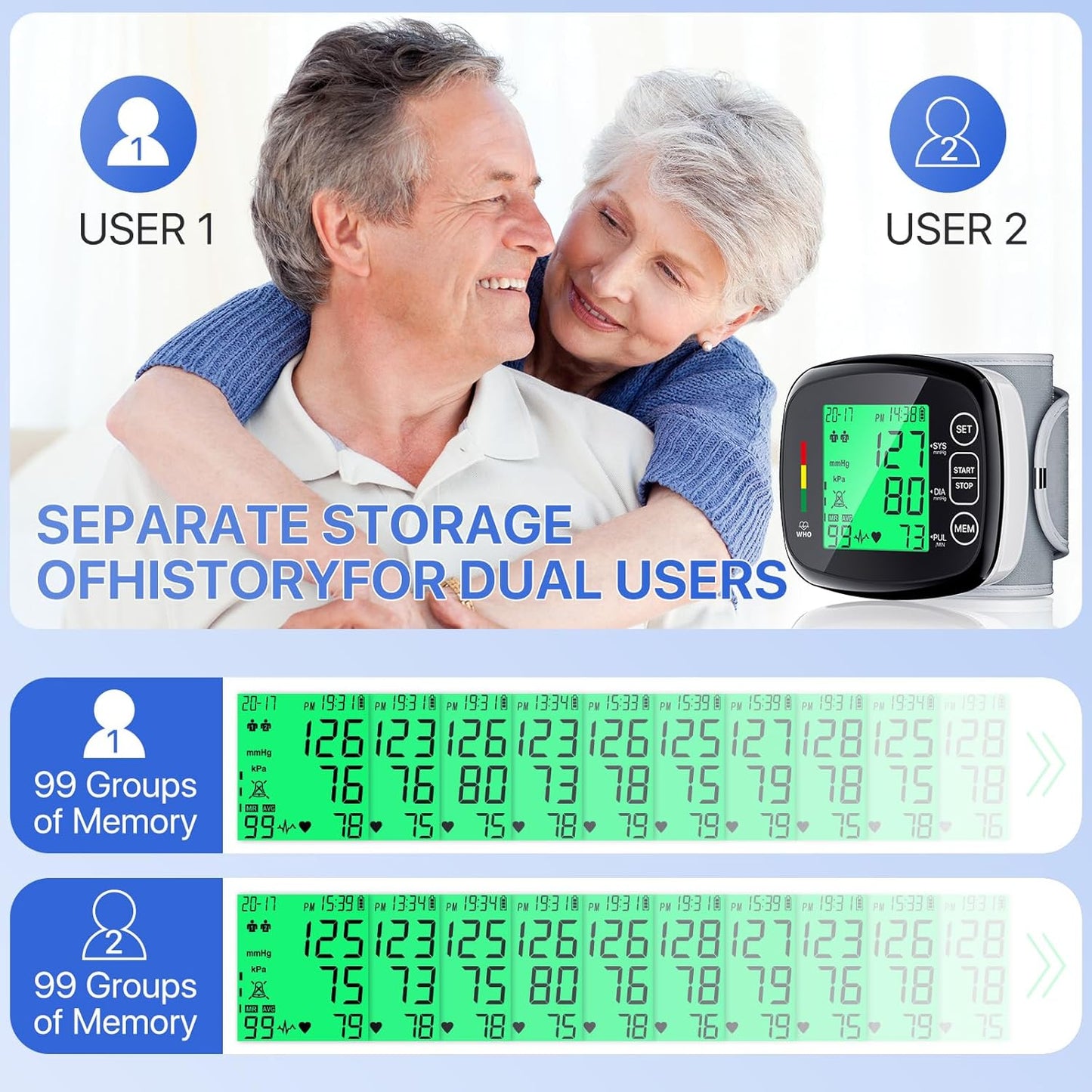 Blood Pressure Monitor, Wrist, Automatic, Digital LCD Display, 5.3-7.67" Cuff, 99x2 Sets Memory