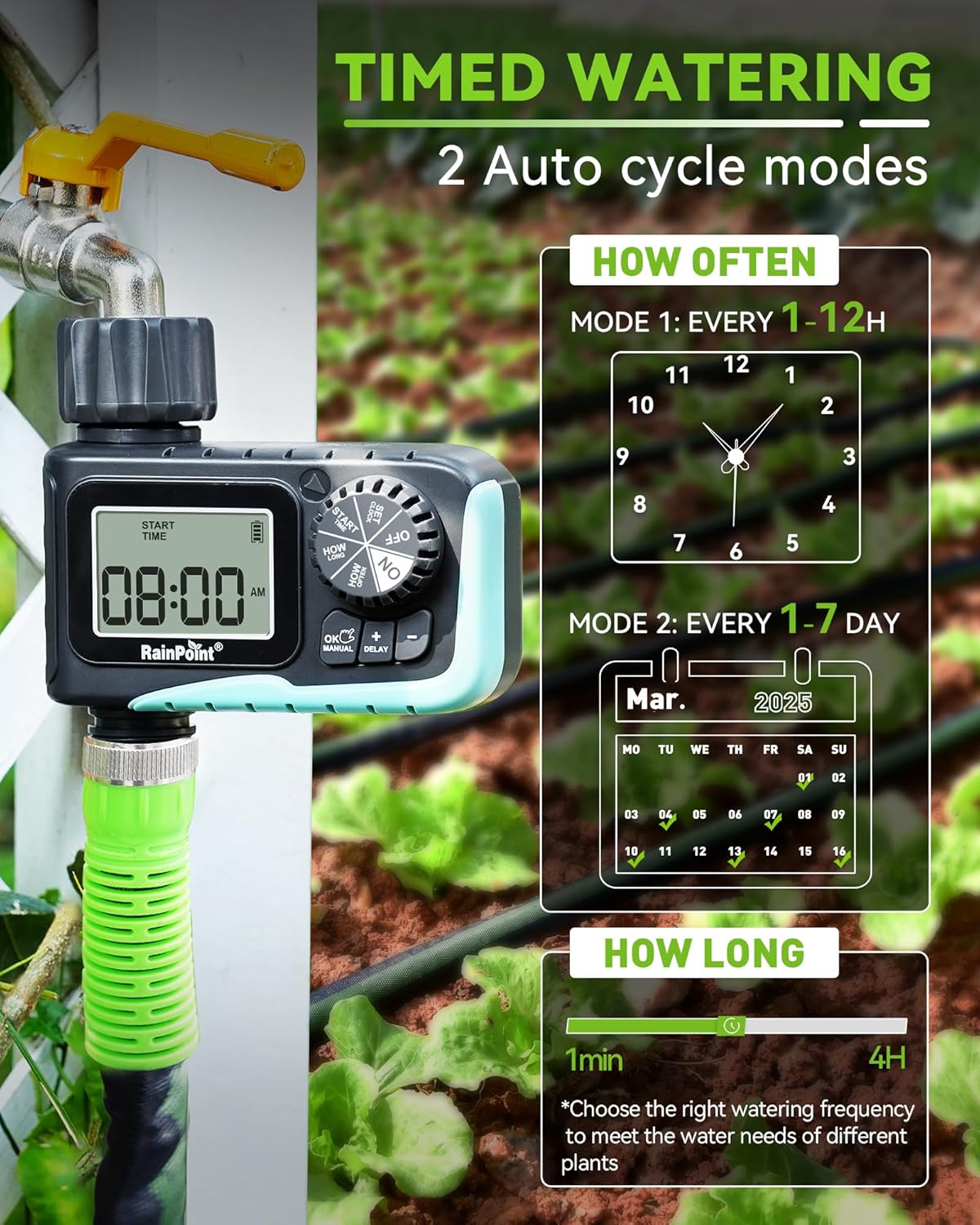 Digital Programmable Water Timer with Rain Delay, Auto/Manual Modes, 1-Outlet, RAINPOINT
