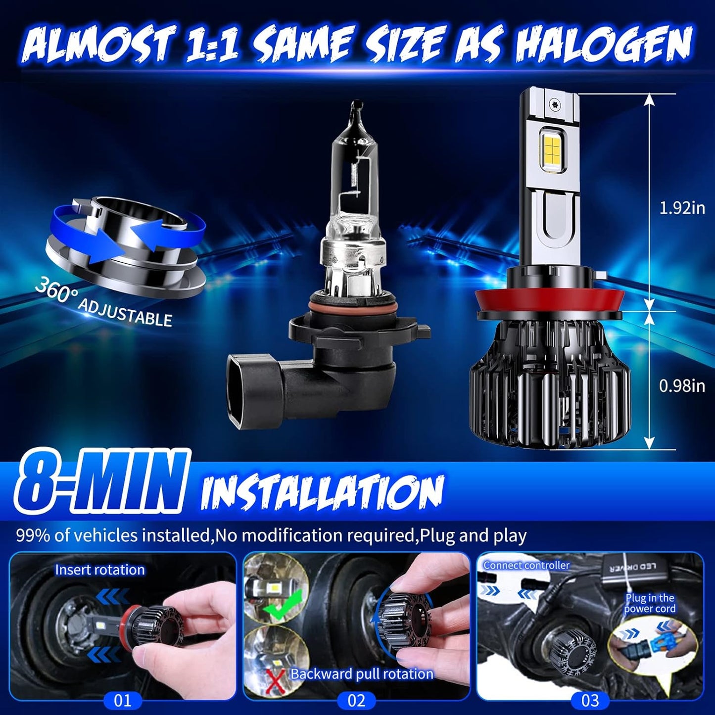 New HB4 / 9006 LED Car Headlights, 24000LM, 6500K, Low Beam, 360 Degree, IP68 Waterproof kwhvoiy