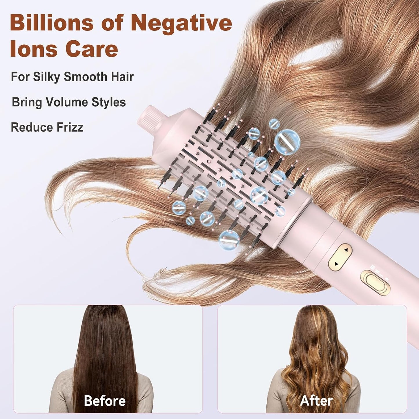 New 3-in-1 Rotating Hair Dryer Brush, Spinning, Detachable Heads (2"&1.5"), 3H/2S, Curl/Straight