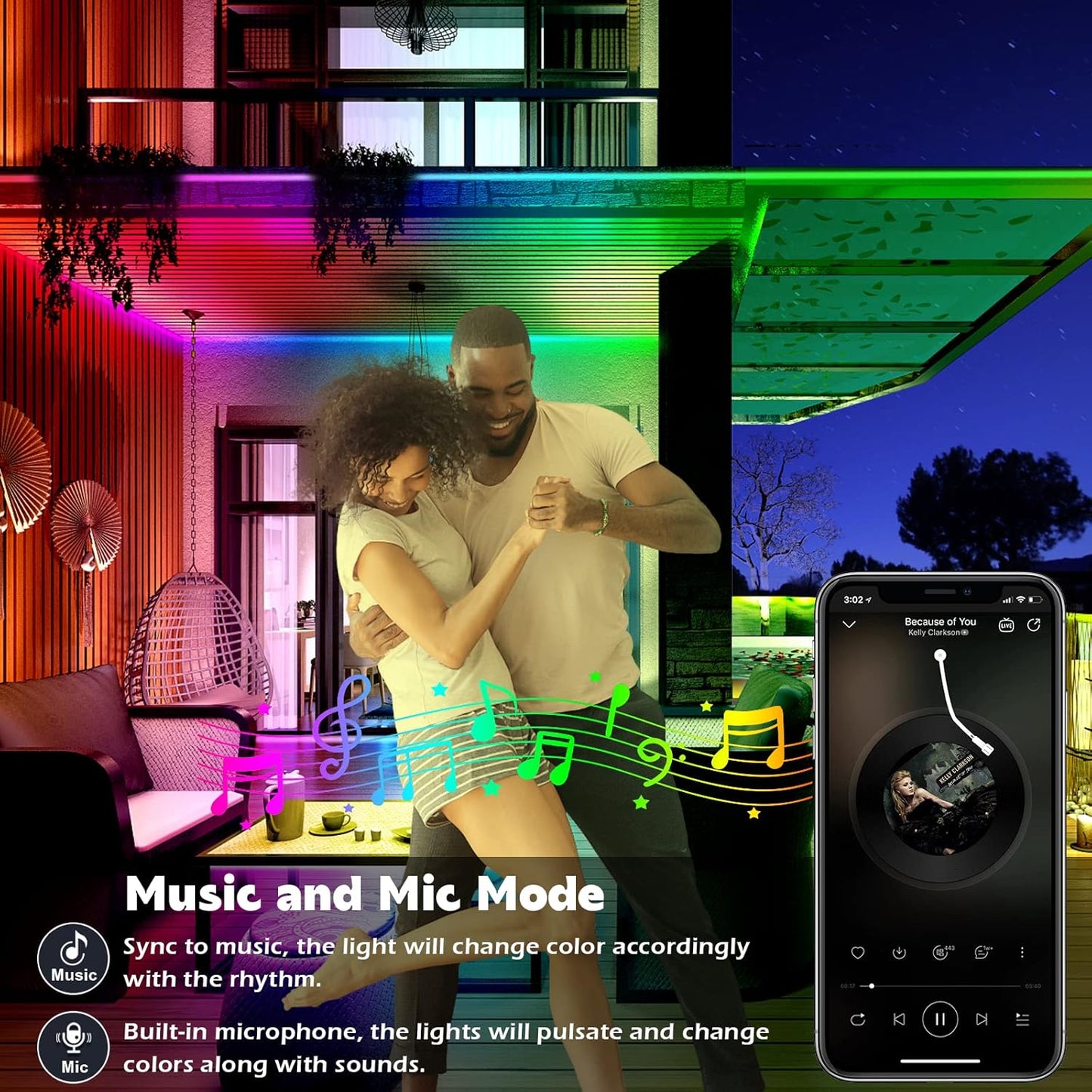 100ft Outdoor LED Strip Lights, Waterproof, Bluetooth App, Music Sync, AILBTON