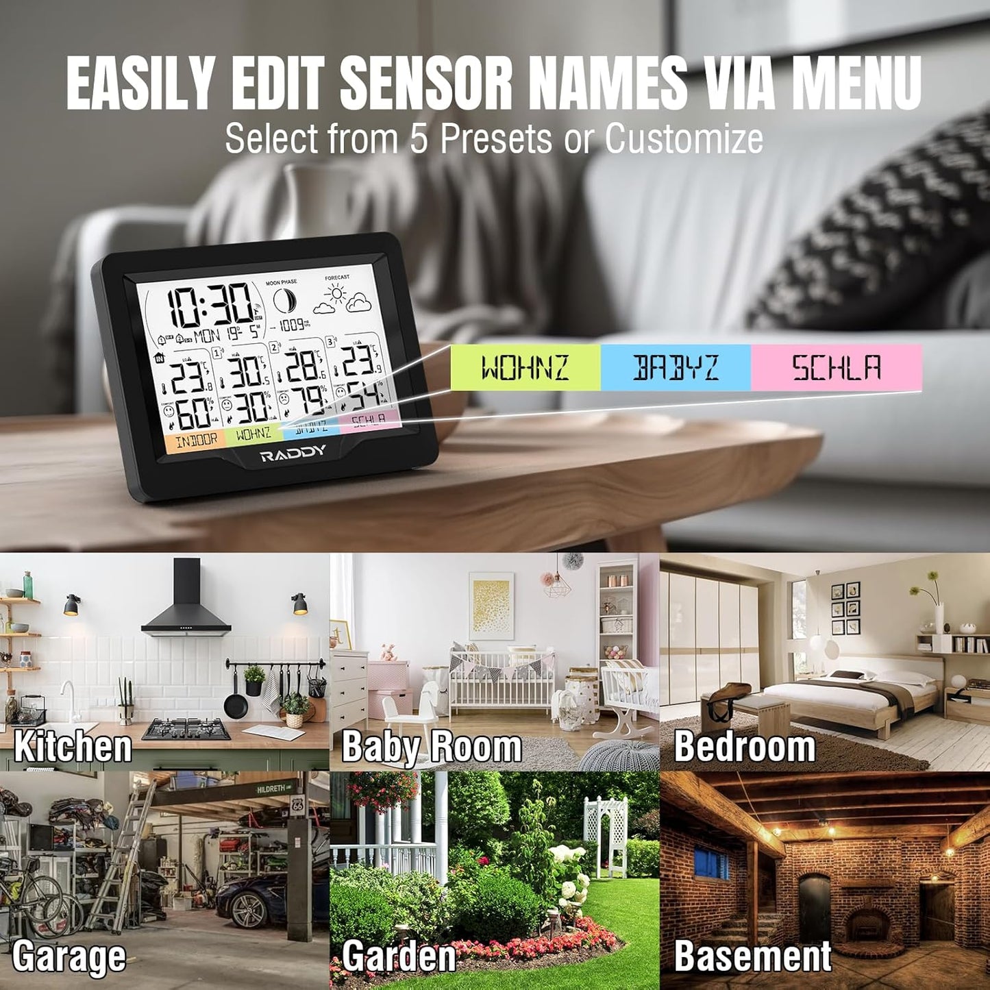 Wireless Weather Station with 3 Sensors, Indoor/Outdoor Temp & Humidity, Forecast Clock, Raddy