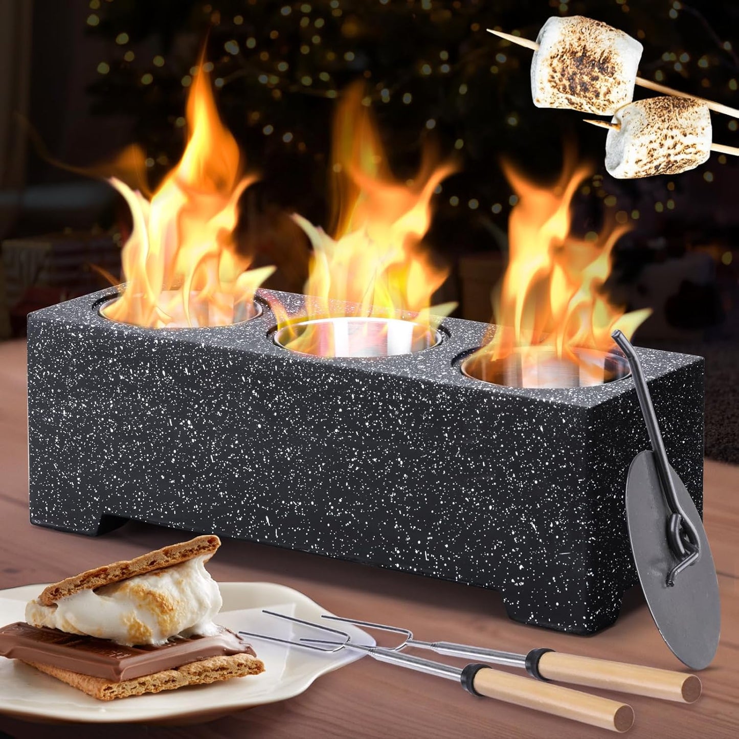 New TAUSOM Concrete Tabletop Fire Pit, 3 Alcohol Burners, Indoor/Outdoor, Portable, 14.7x4.9x4.3