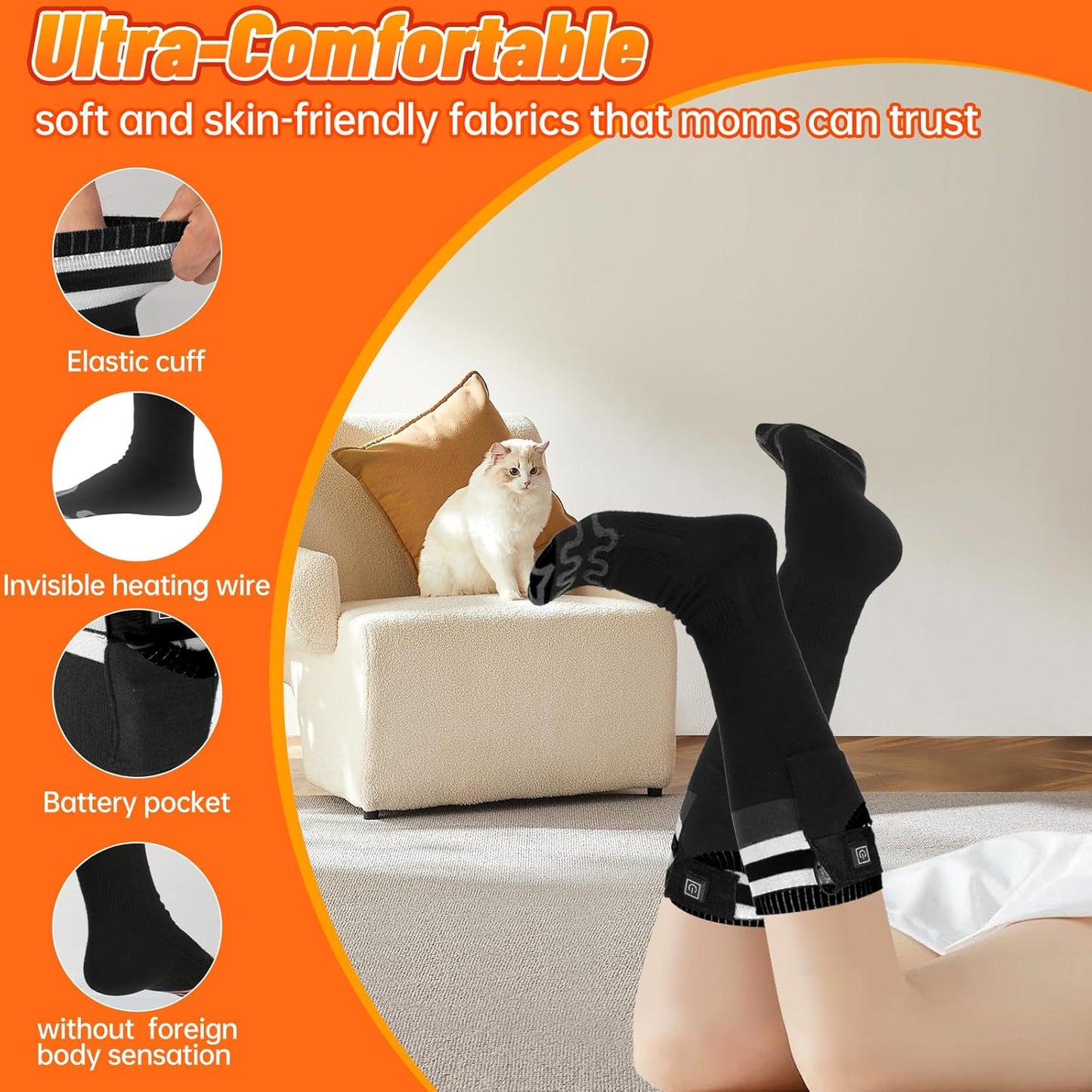 New Heated Socks, APP Control, 3000mAh, 17H Heating, 5-Level Temp, Black M, Aotomee