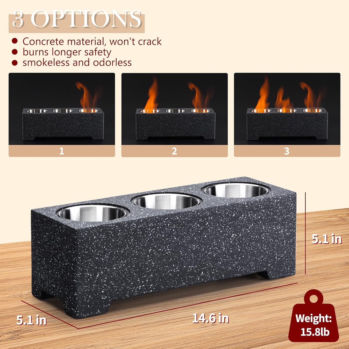 New TAUSOM Concrete Tabletop Fire Pit, 3 Alcohol Burners, Indoor/Outdoor, Portable, 14.7x4.9x4.3