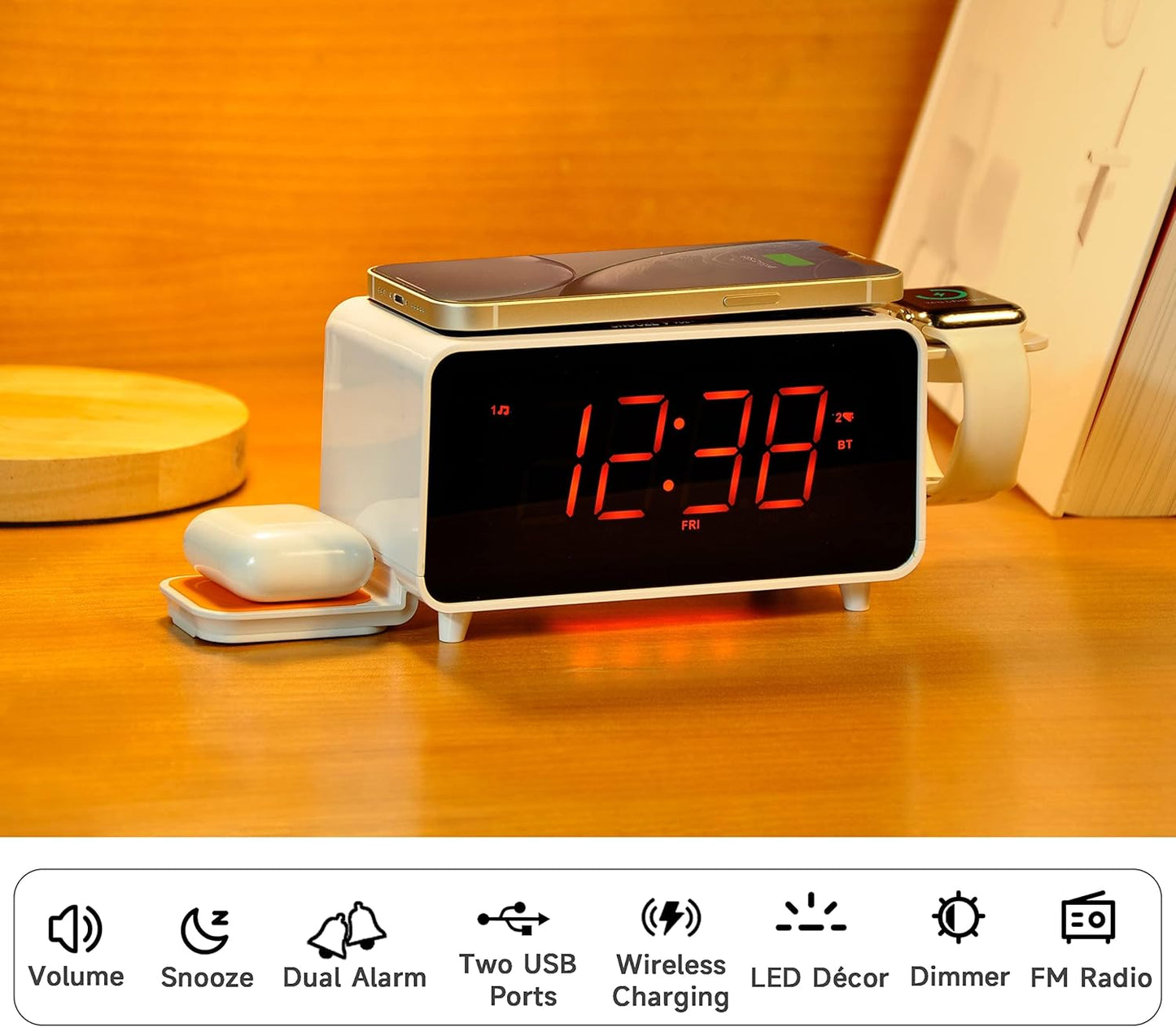 Dual Wireless Charging Alarm Clock, Bluetooth Speaker, FM Radio, USB Ports, Dual Alarms, Snooze