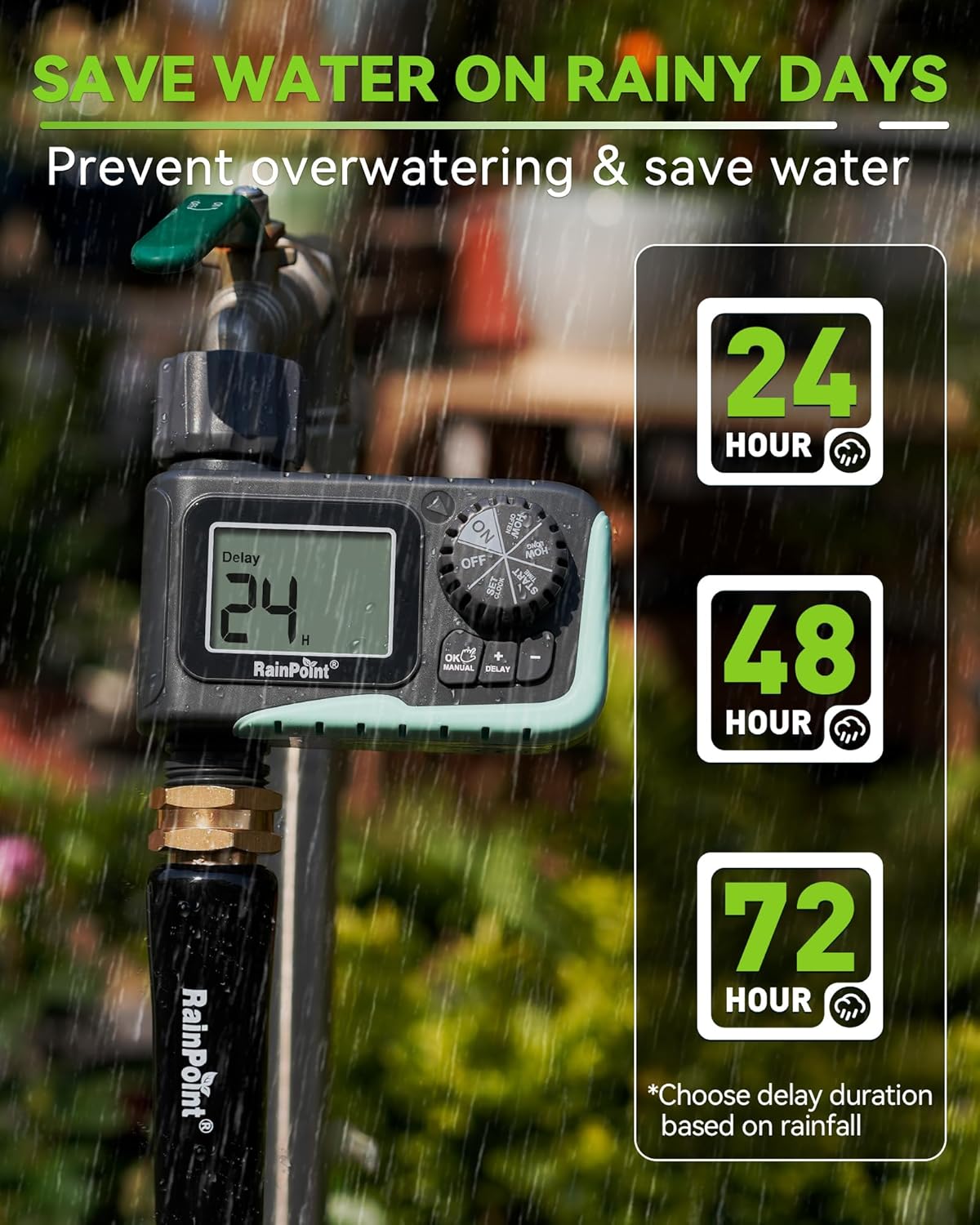 Digital Programmable Water Timer with Rain Delay, Auto/Manual Modes, 1-Outlet, RAINPOINT
