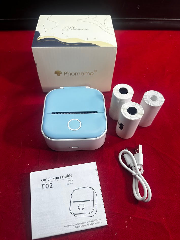 New Phomemo T02 Inkless Thermal Mini Printer, 3 rolls of paper, Stickers, To-Do Lists, BLUE