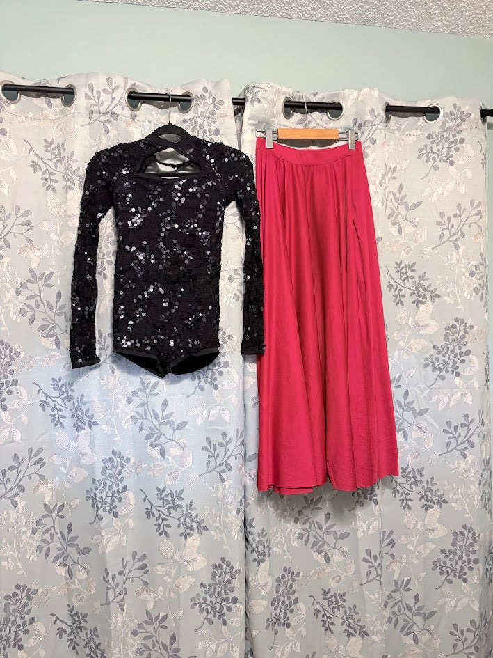 Dance Costume - Adult Small - Two-Piece Black Sequined Lace Top, Red Skirt