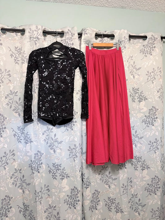 Dance Costume - Adult Small - Two-Piece Black Sequined Lace Top, Red Skirt