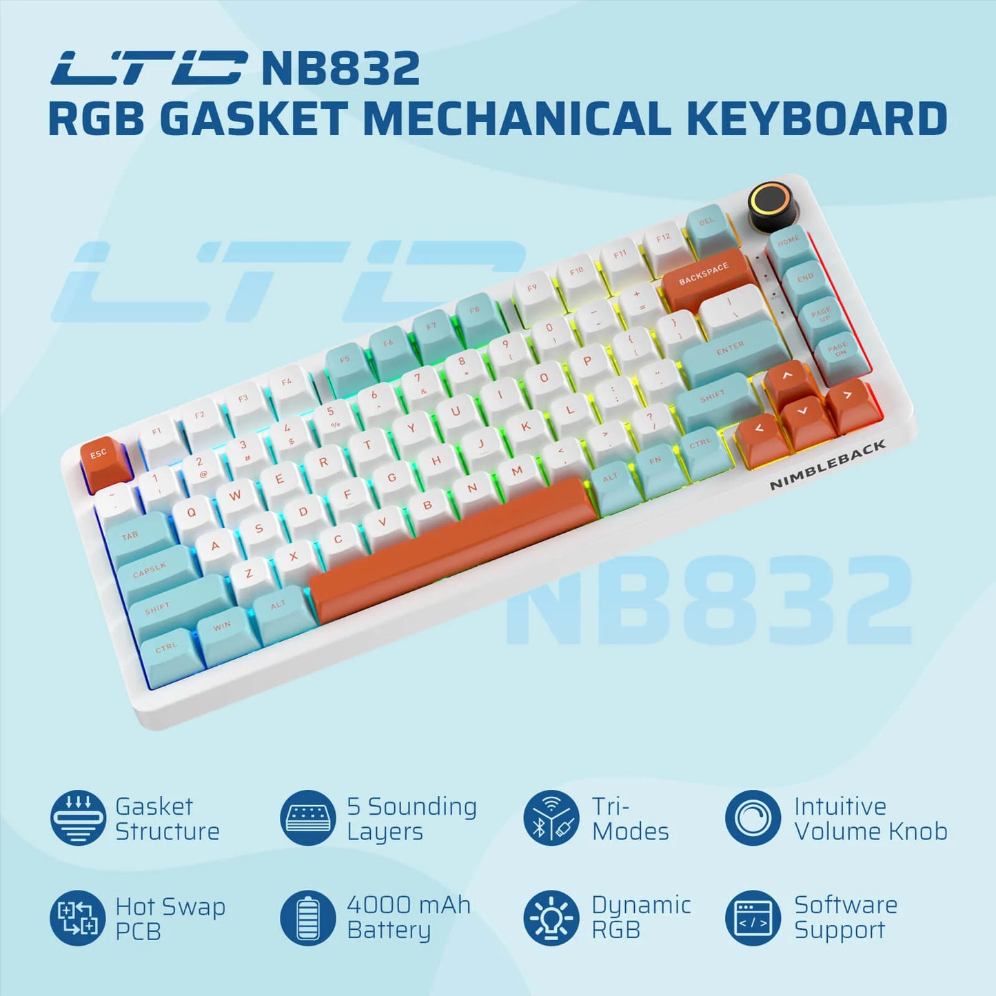 New Wireless Keyboard, NB832 Wireless 75% Gasket Mechanical Keyboard, LTC, Blue Switch