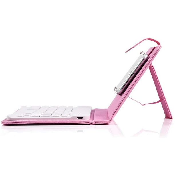 Portable Bluetooth Keyboard, Pink Leather Case, Detachable Flip Case, Stand for 4.5''-6.8'' devices
